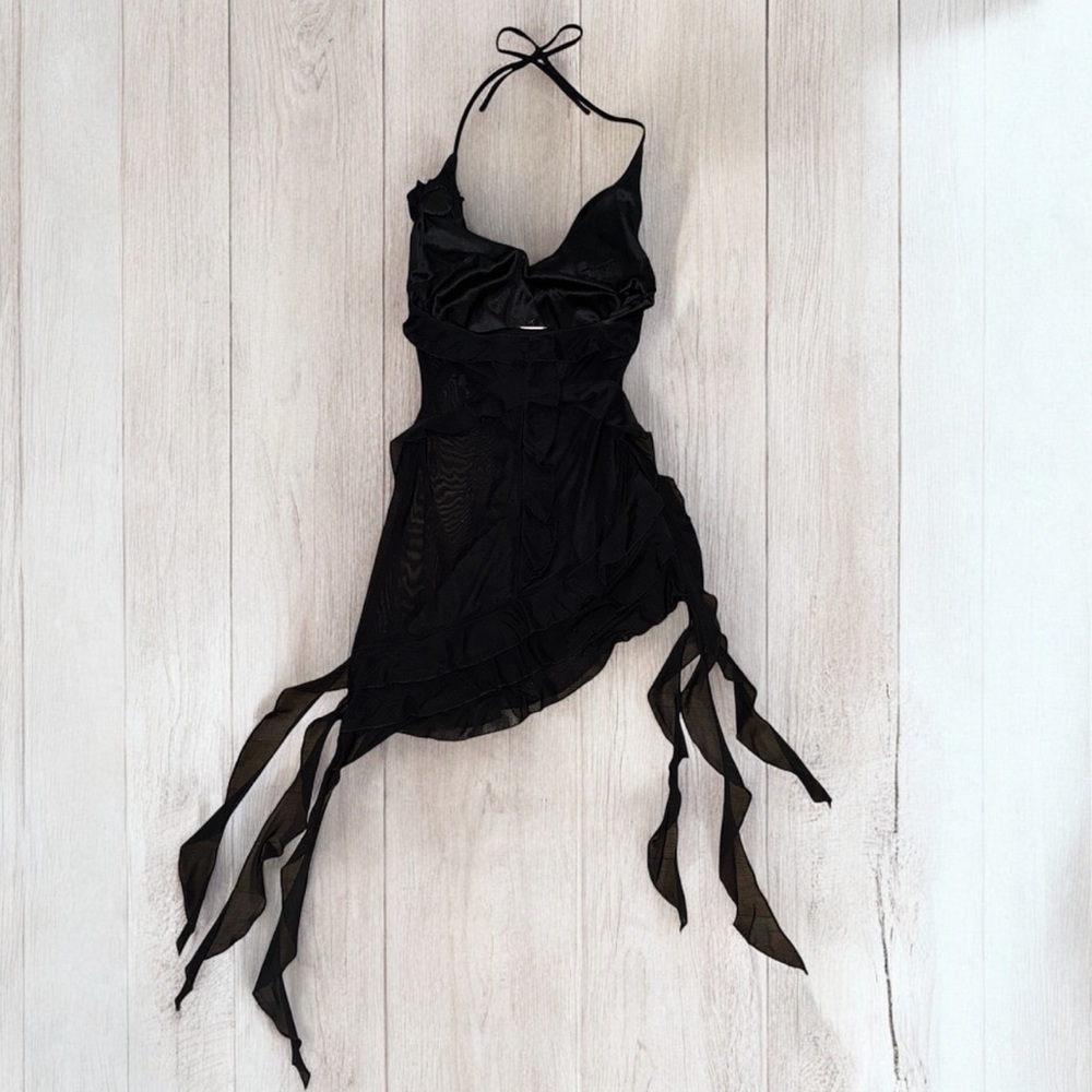 Black Ruffled Asymmetrical Dress with 3D Rose Detail - Picture 6 of 7